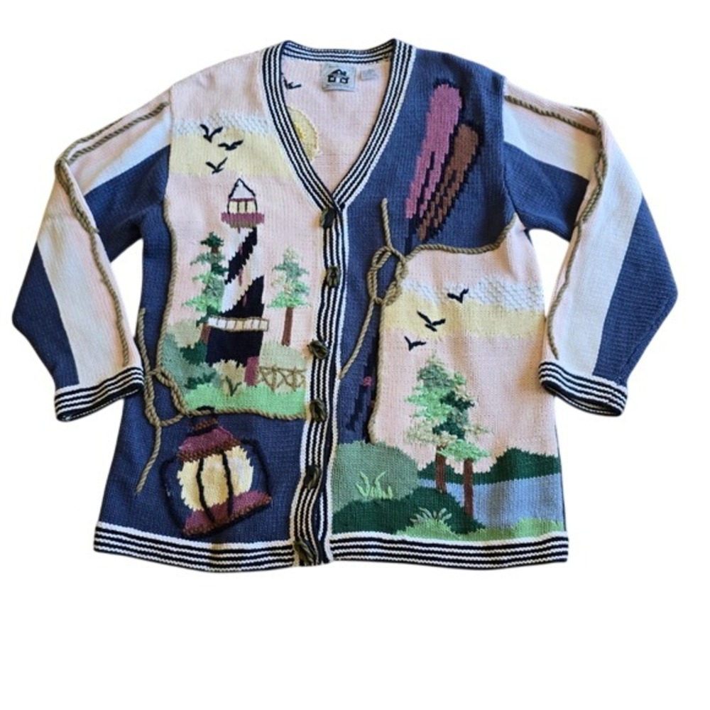 Storybook Knits Vintage Nautical Lighthouse Cardigan Sweater Blue Pink‎ Women L